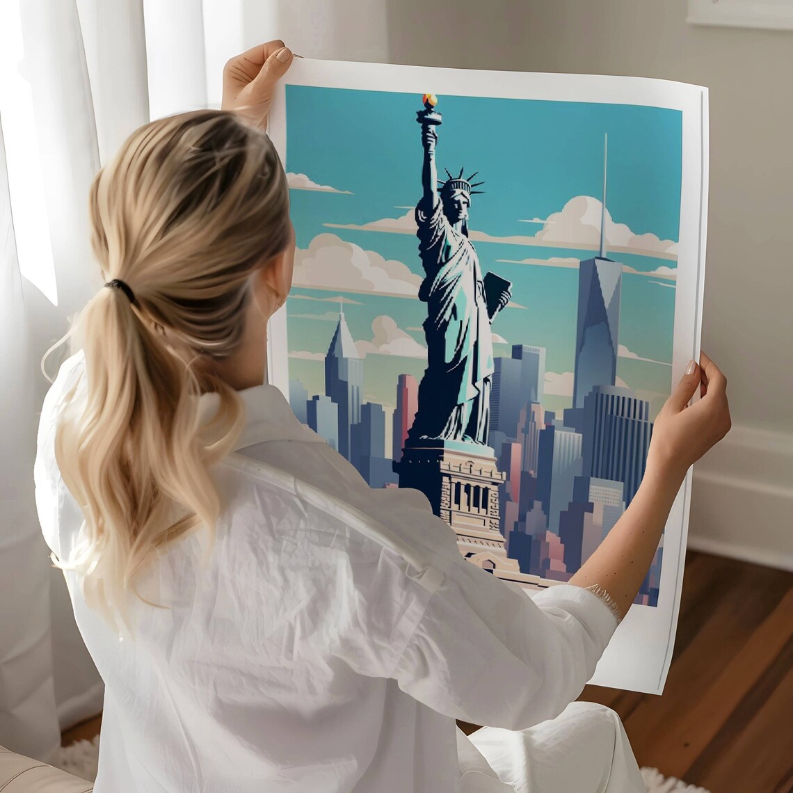 New York Statue Of Liberty Manhattan Skyline Day Travel Poster - Image 4