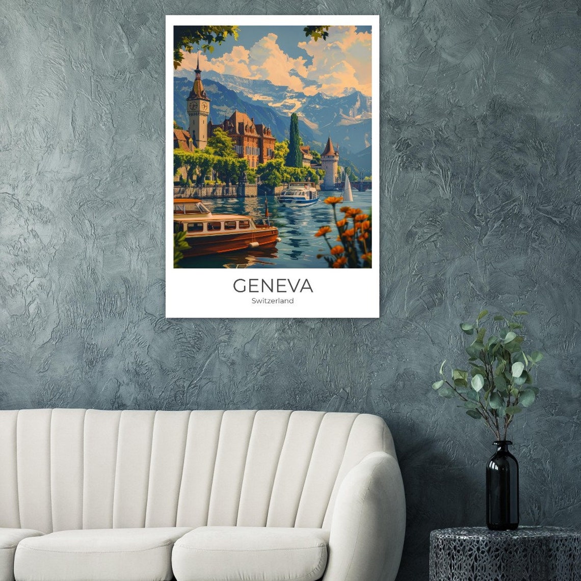 Geneva Lakefront with Boats and Mountains Switzerland Travel Poster - Image 3