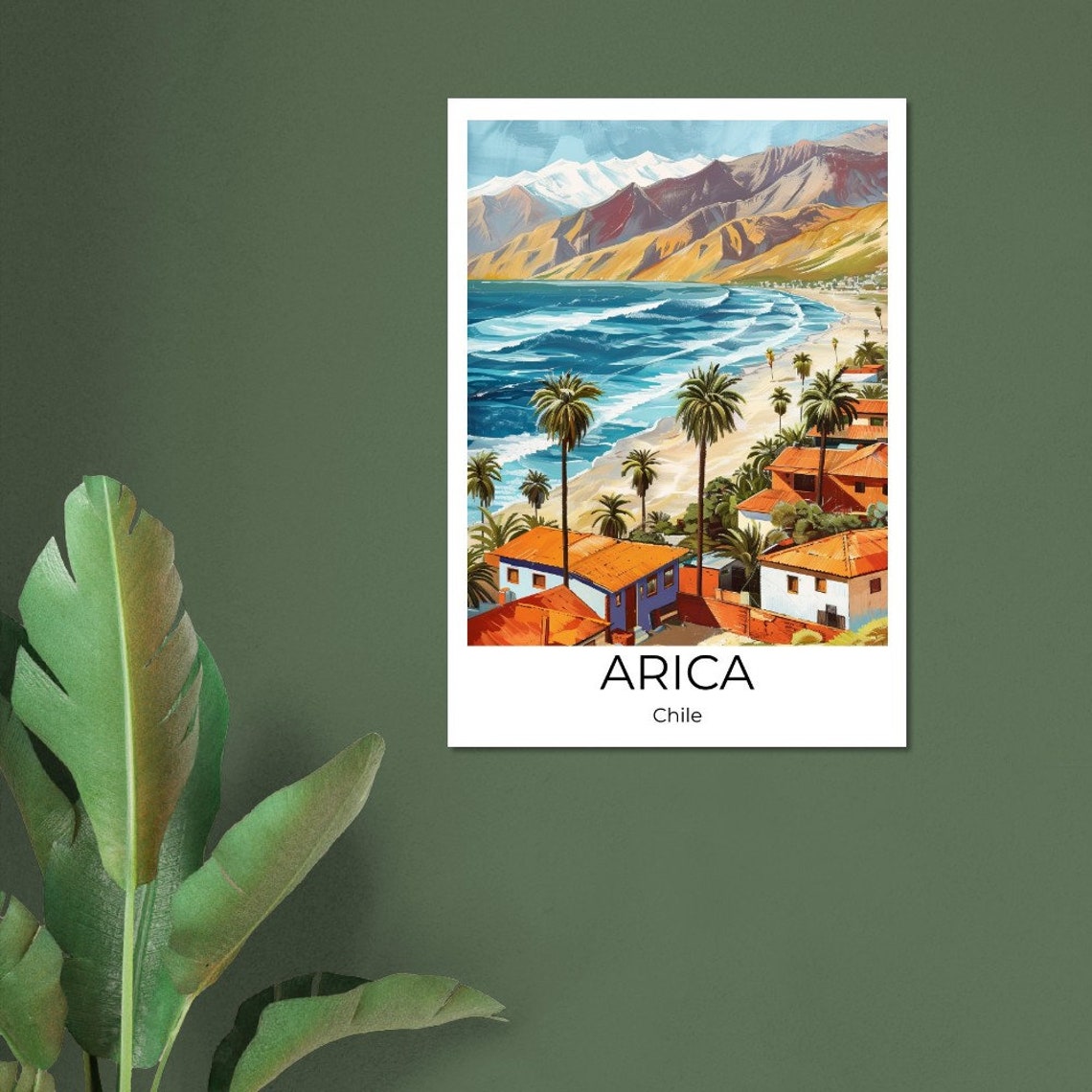 Arica Chile Palm Beach Terracotta Roofs Mountain Coast Travel Poster - Image 3
