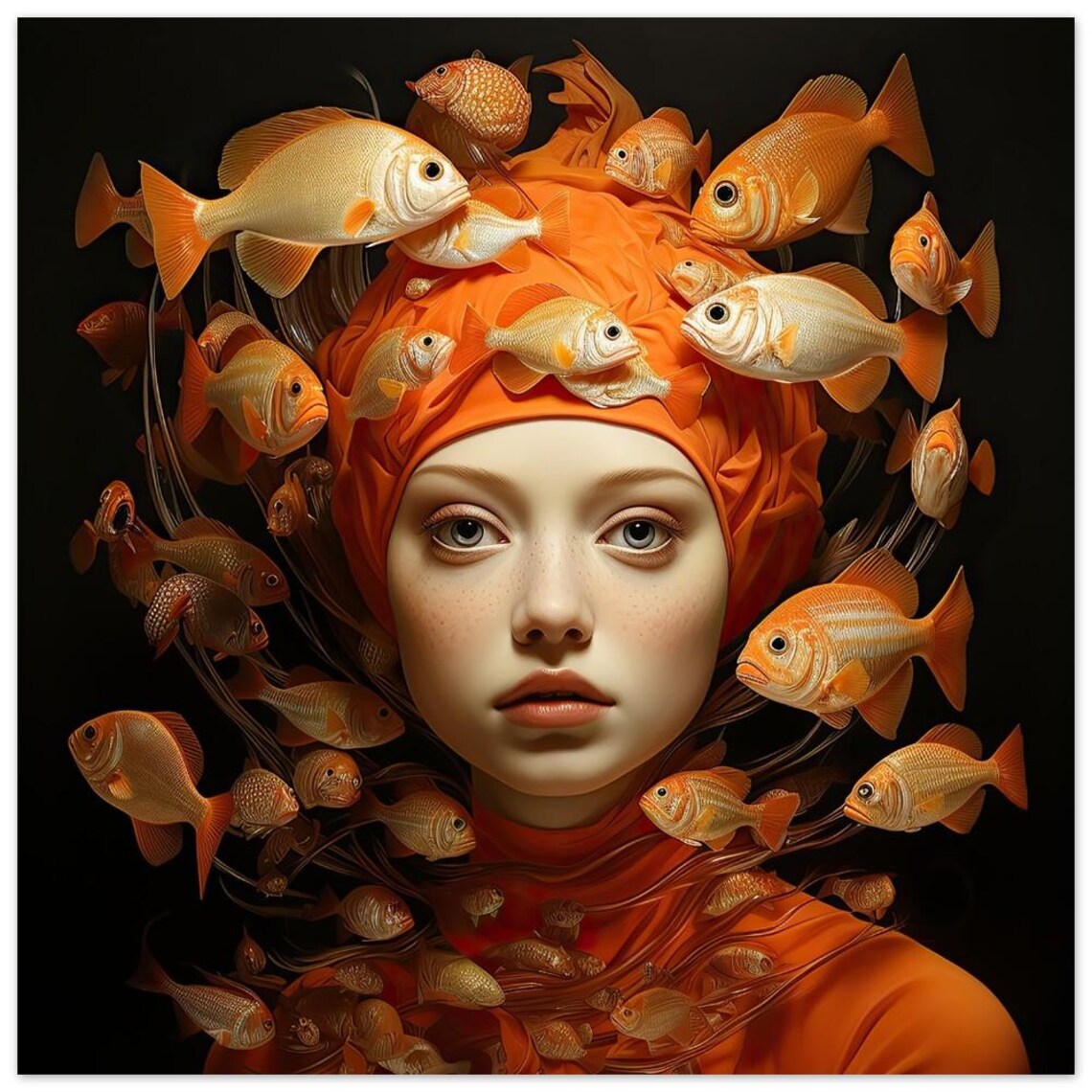 Surreal Orange Fish Portrait Wall Art Woman Swirl Dark Fantasy - Image 3