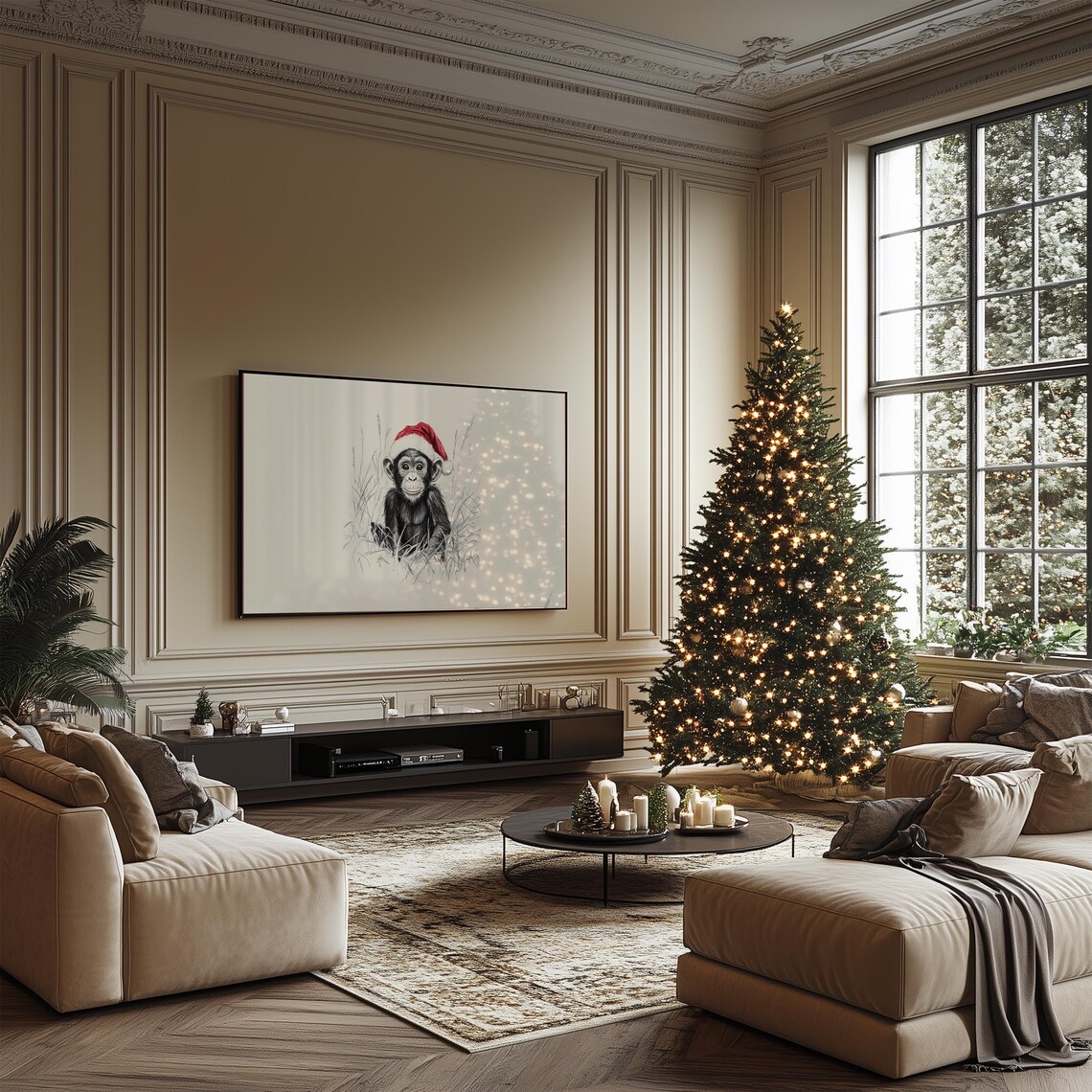 Baby Monkey Santa Hat Smiling Sketch Neutral Christmas Winter Wall Art - Image 3