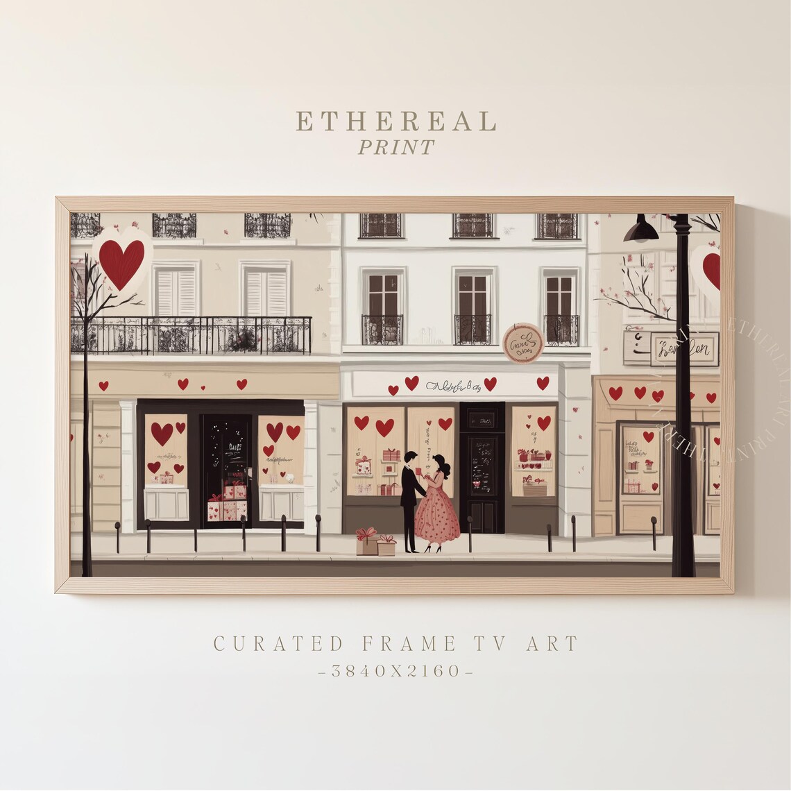 Valentine Couple At Parisian Heart Shops Romantic Street Art Print