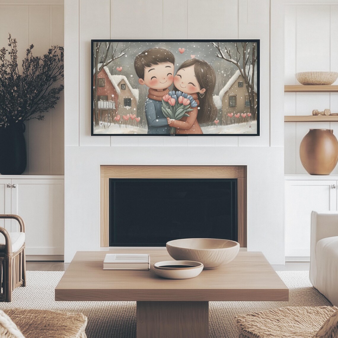 Sweet Couple Hugging In Snowy Village At Dusk Valentine Art Print - Image 3