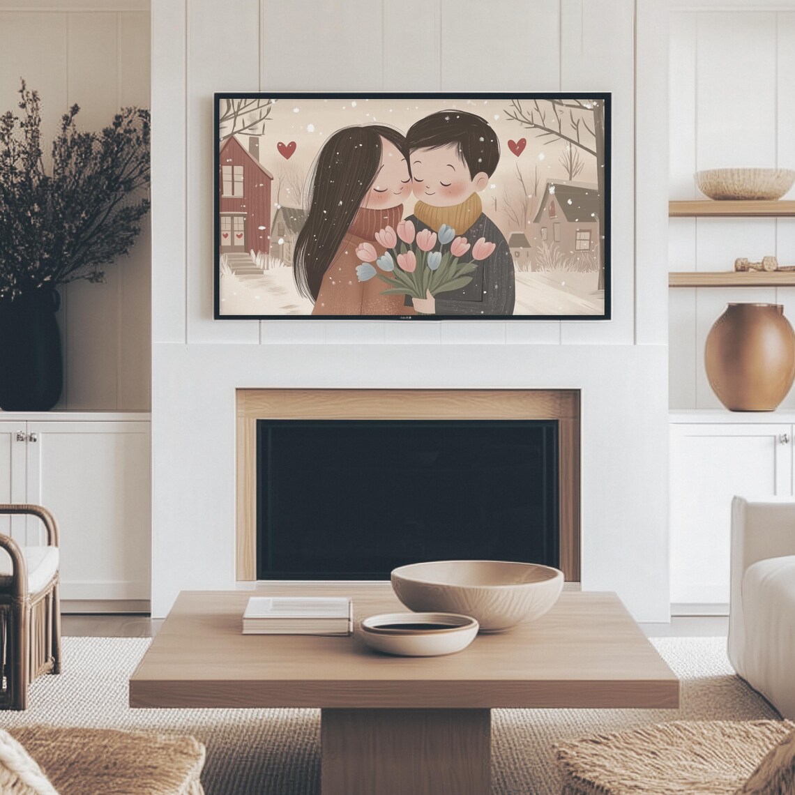 Cozy Couple Embracing In Snowy Village Tulip Bouquet Art Print - Image 3