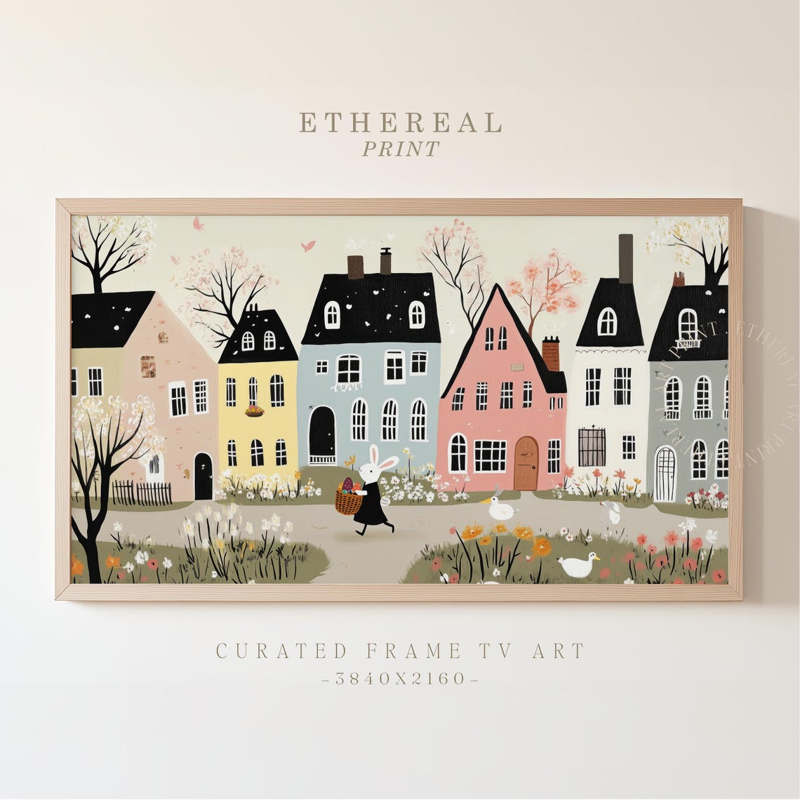 Pastel Easter Town Houses Bunny Carrying Egg Basket Folk Art Print