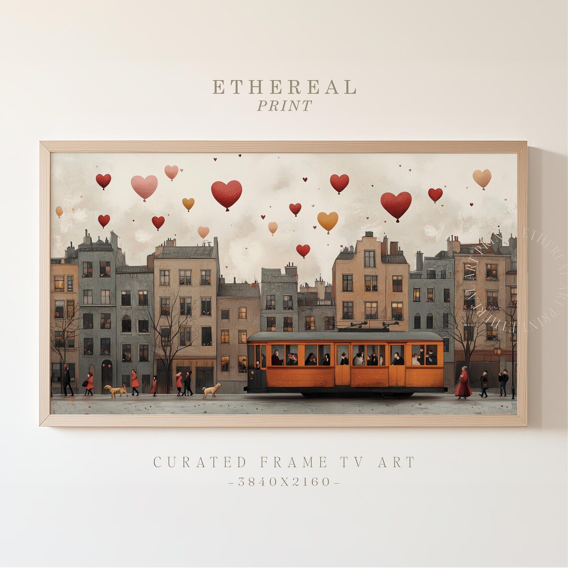 Vintage Yellow Tram Under Heart Balloons European Street Art Print