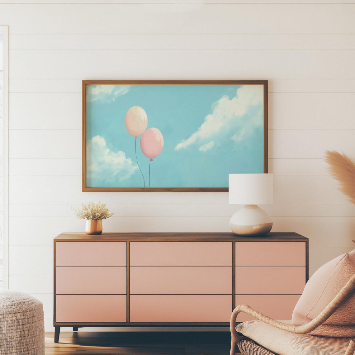 Two Pastel Pink Balloons Floating In Bright Blue Sky Minimal Wall Art - Image 3