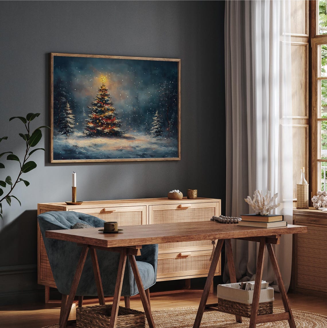 Glowing Christmas Tree Snowy Night Forest Star Holiday Wall Art - Image 3