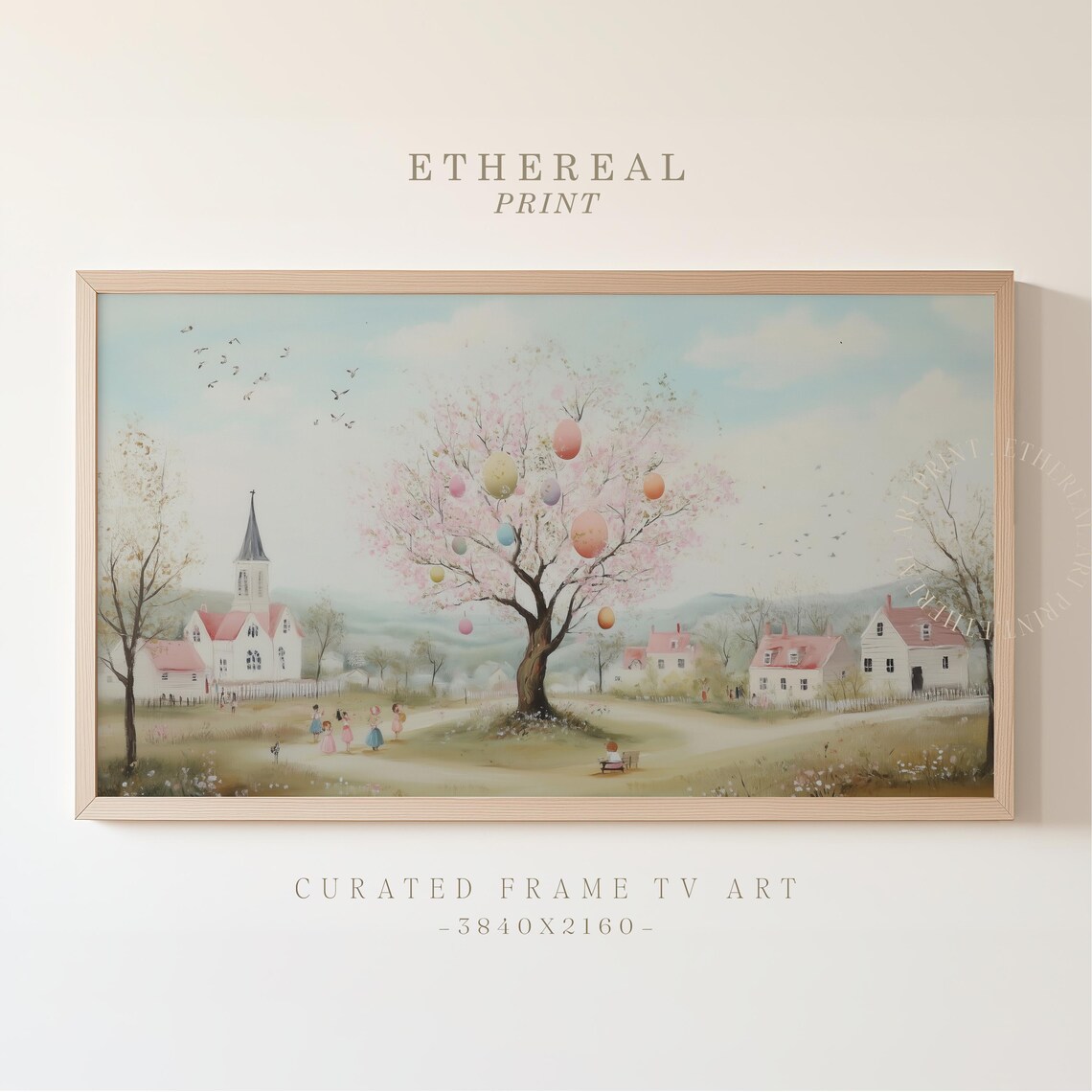 Vintage Easter Tree With Pastel Eggs, Spring Scene