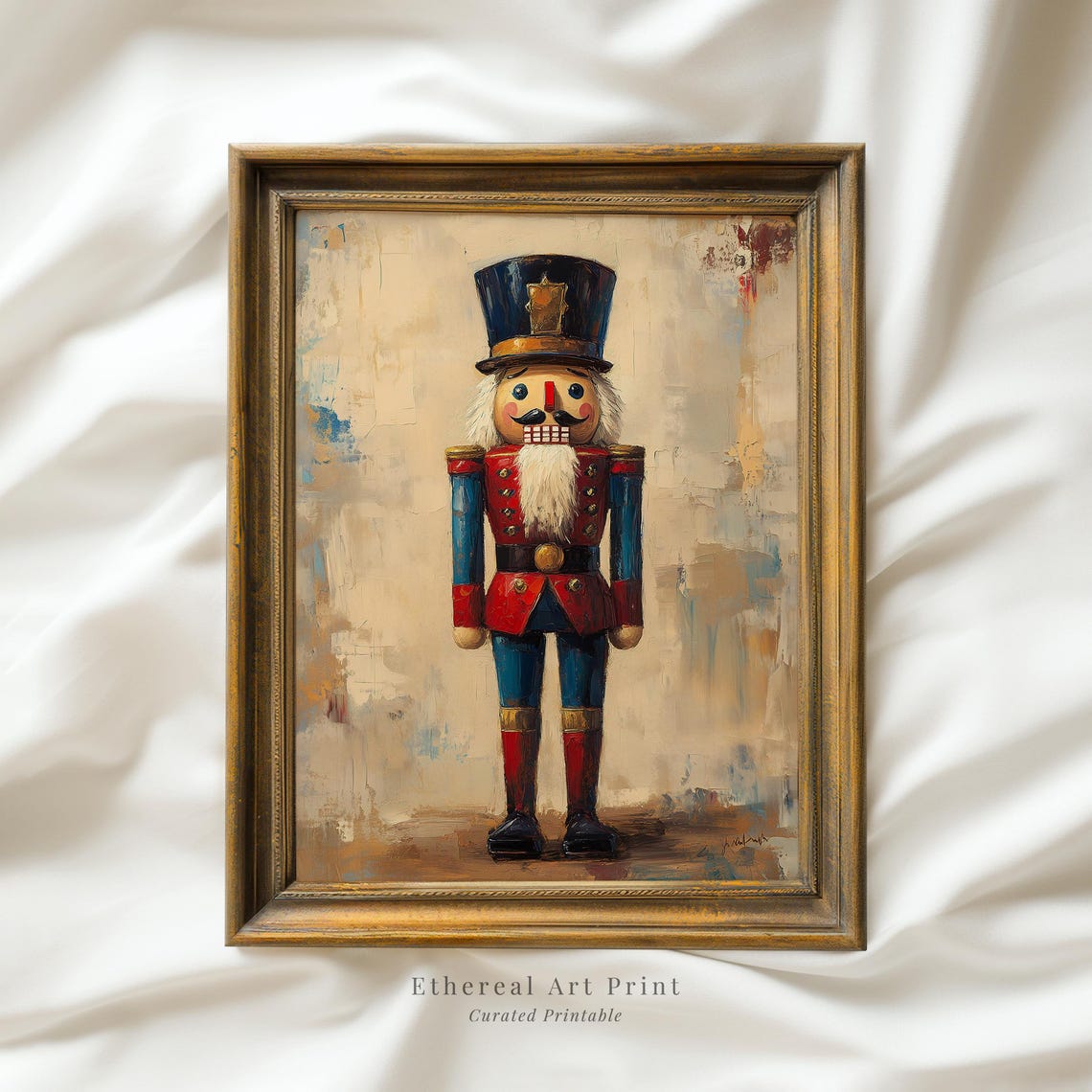 Blue Red Nutcracker Soldier Vintage Oil Painting Christmas Wall Art