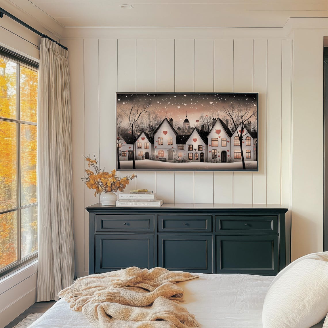 Snowy Cottage Street At Night With Falling Hearts Romance Wall Art - Image 2