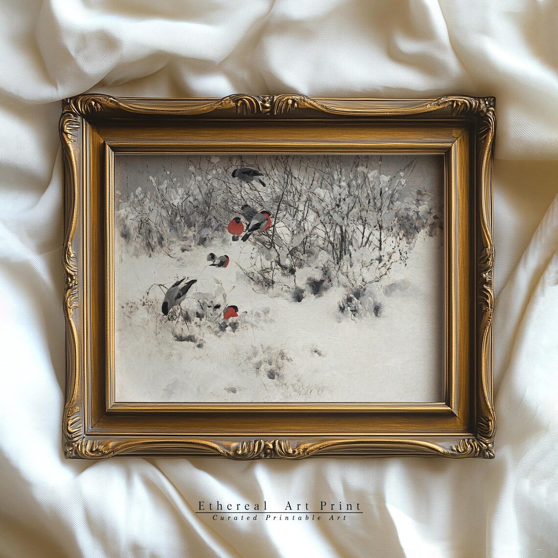 Vintage Bullfinches In Snowy Winter Branches Oil Painting Art Print - Image 2
