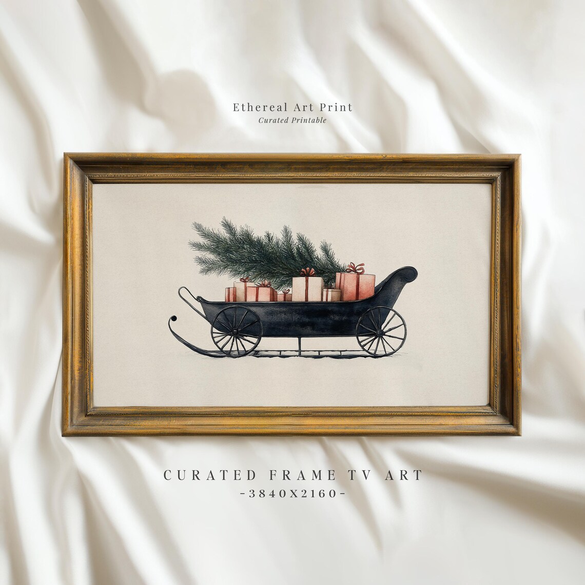 Vintage Sleigh With Christmas Tree Gifts Frame Tv Art Holiday Decor