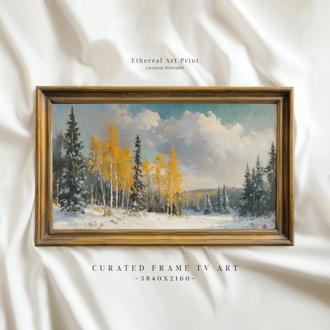Golden Birch Trees Snowy Winter Landscape Oil Painting Wall Art
