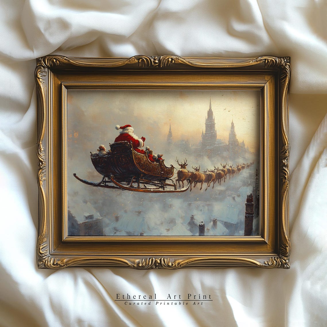Santa Claus Sleigh Ride Over Snowy City At Dusk Vintage Art Print - Image 2