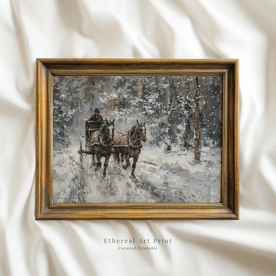 Vintage Winter Sleigh Ride Print Country Christmas Holiday Wall Decor Moody Landscape Painting Art Neutral Xmas Prints