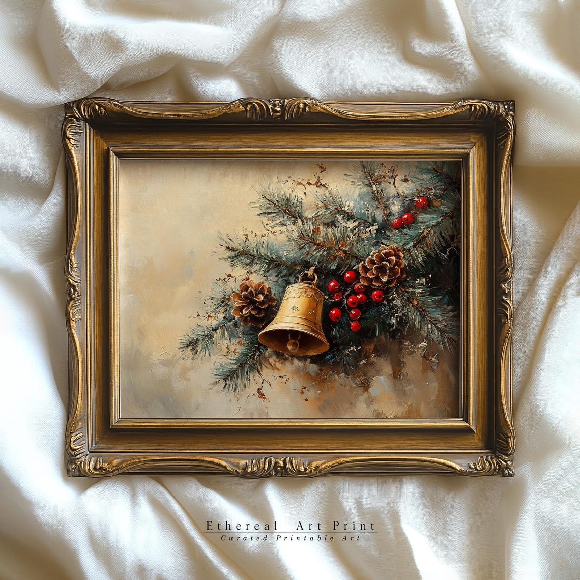 Frosted Pine Bell With Pine Cones Red Berries Winter Art Print - Image 2