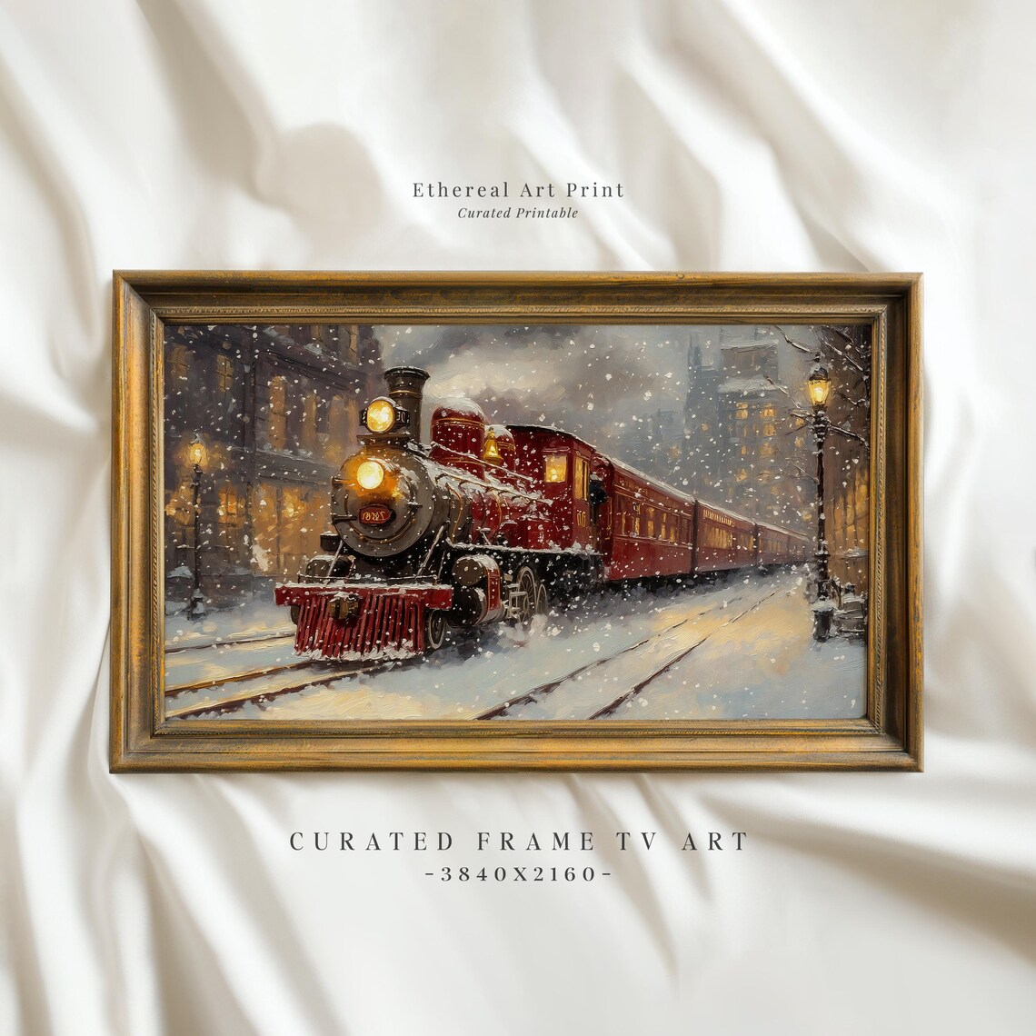 Vintage Red Locomotive Snowfall City Station Holiday Wall Art