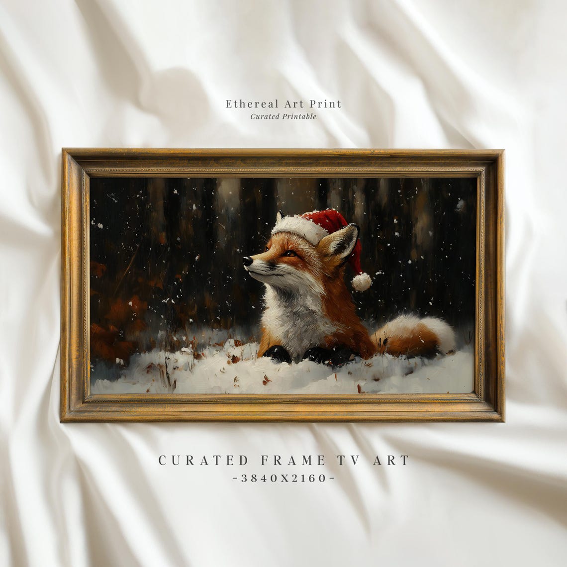 Red Fox Wearing Santa Hat In Snowy Forest Moody Christmas Print