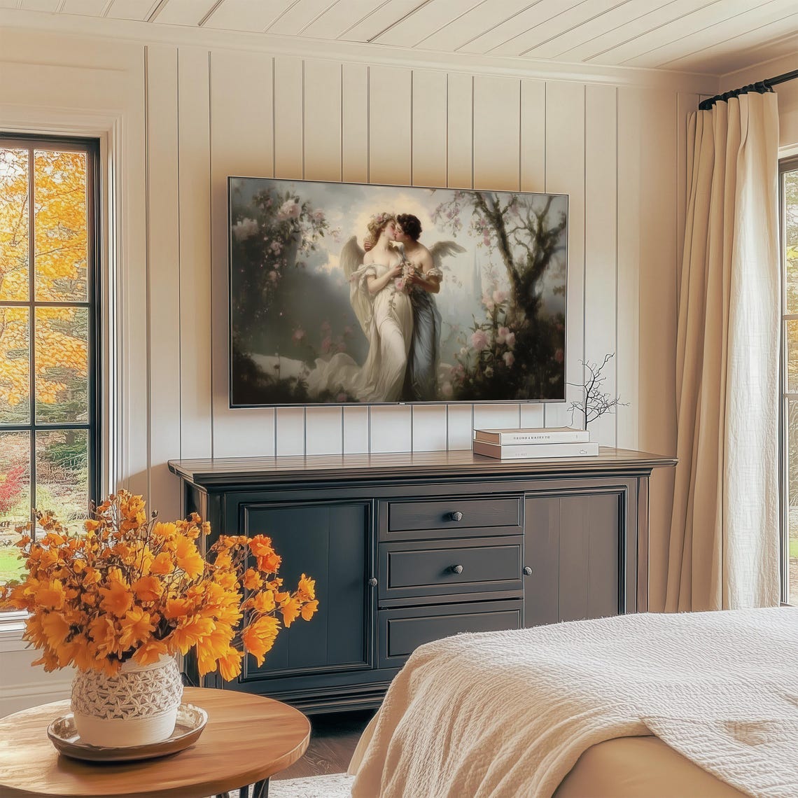 Two Angels Kissing In Moonlit Rose Garden Romantic Oil Art Print - Image 3