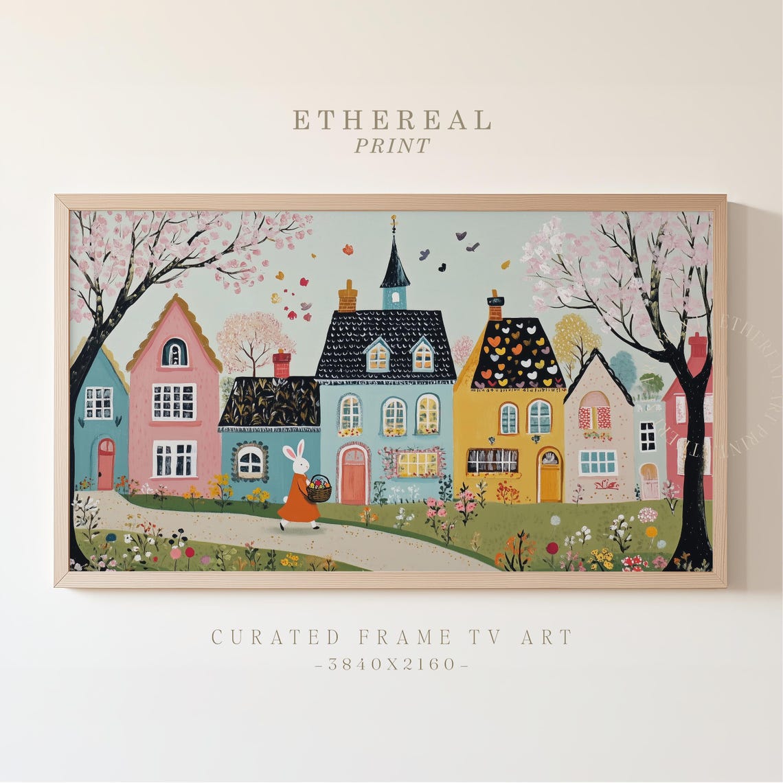 Whimsical Pastel Easter Village Street Bunny With Basket Art Print