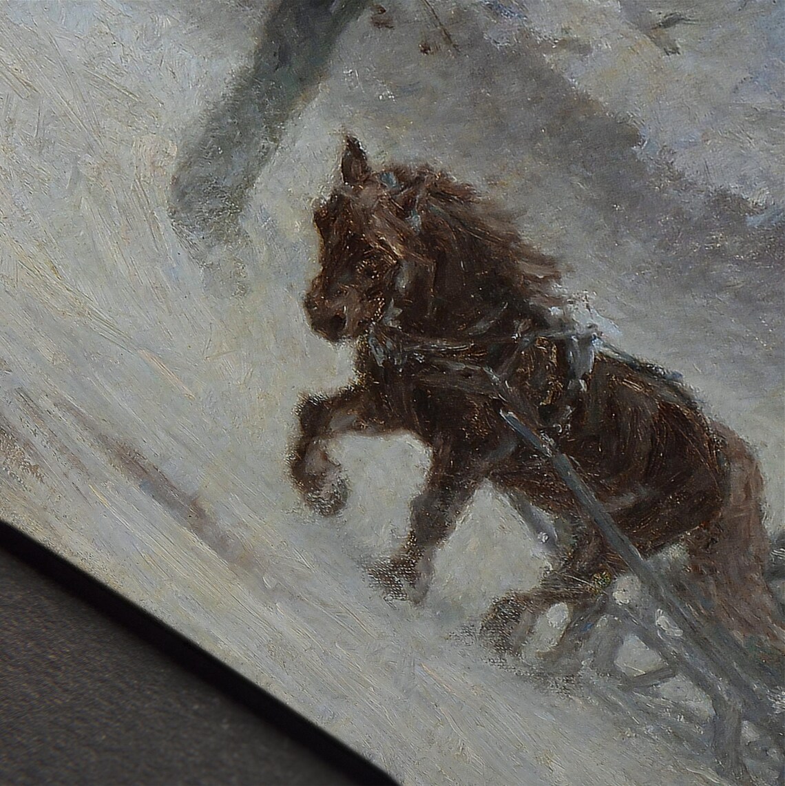 Horse Drawn Sleigh In Snowy Blizzard Vintage Winter Art Painting - Image 4