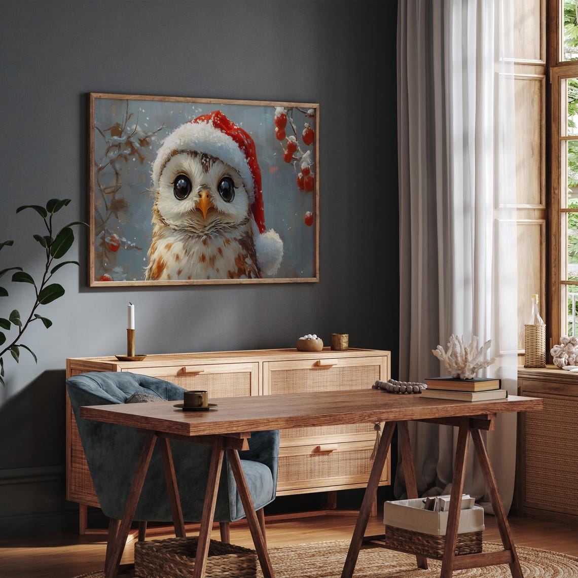 Cute Owl In Santa Claus Hat Painting Frame Tv Art Nursery Christmas Decor Vintage Owl Oil Painting Frame Tv Xmas Screensaver - Image 4