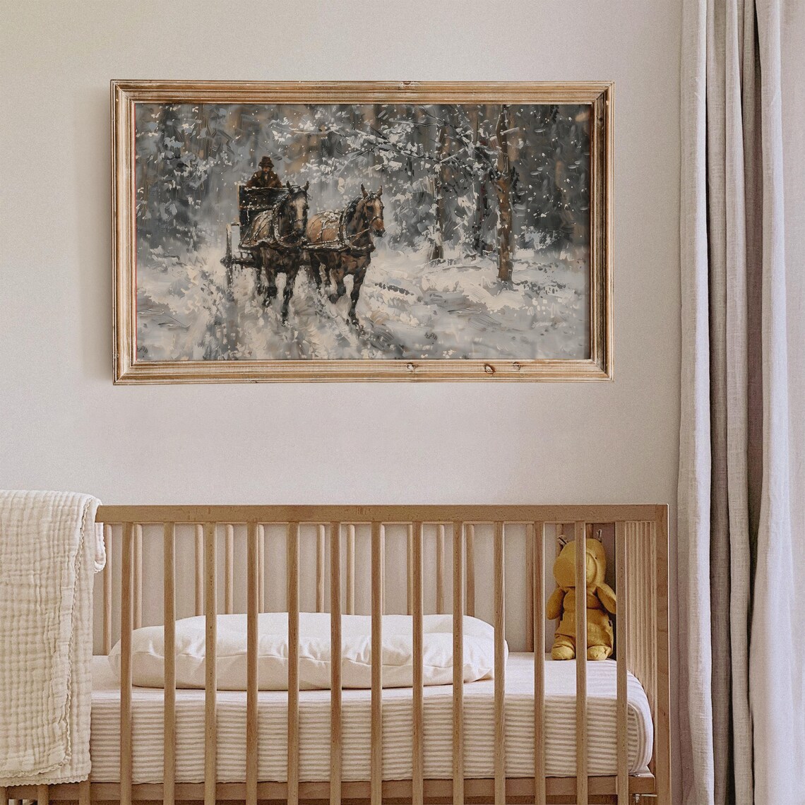 Vintage Horse Drawn Sleigh Ride Snowy Forest Painting Wall Art - Image 3