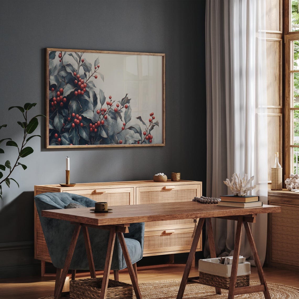 Holly Branches With Red Berries Botanical Christmas Painting Art - Image 3