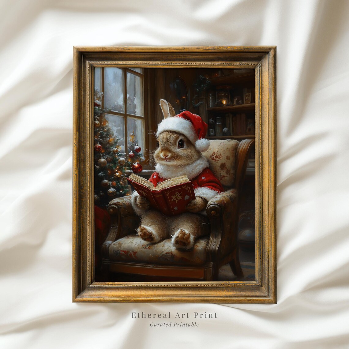 Storybook Bunny Santa Suit Reading By Christmas Tree Print Art
