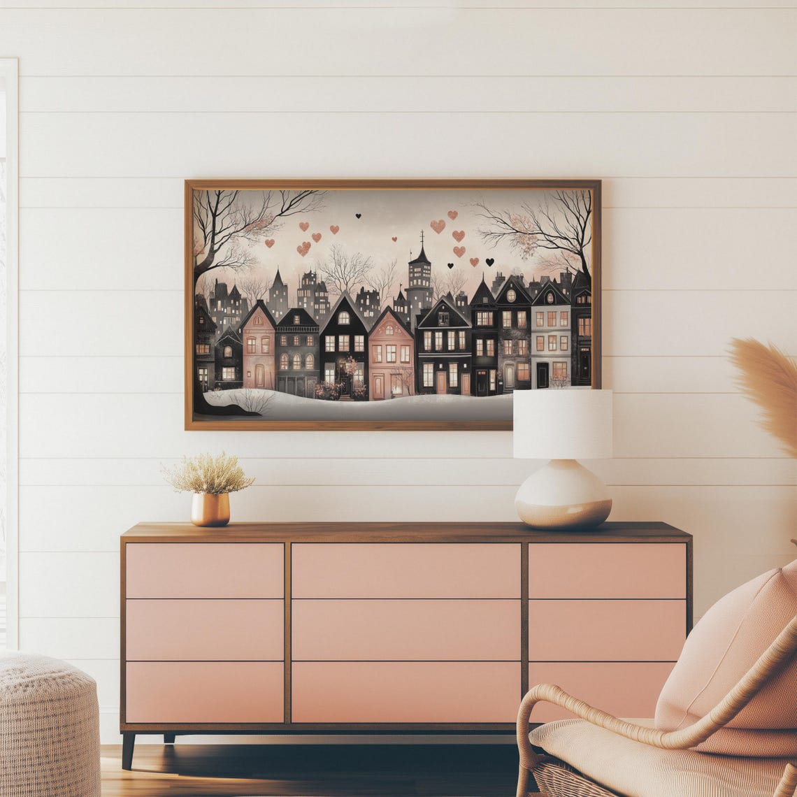 Moody City Skyline With Floating Hearts Winter Night Romance Wall Art - Image 4