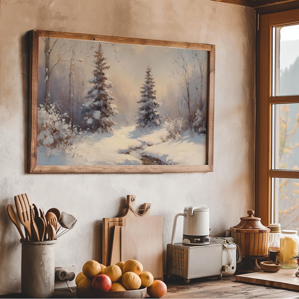 Frosted Evergreens Snowy Creek Serene Winter Landscape Wall Art - Image 2