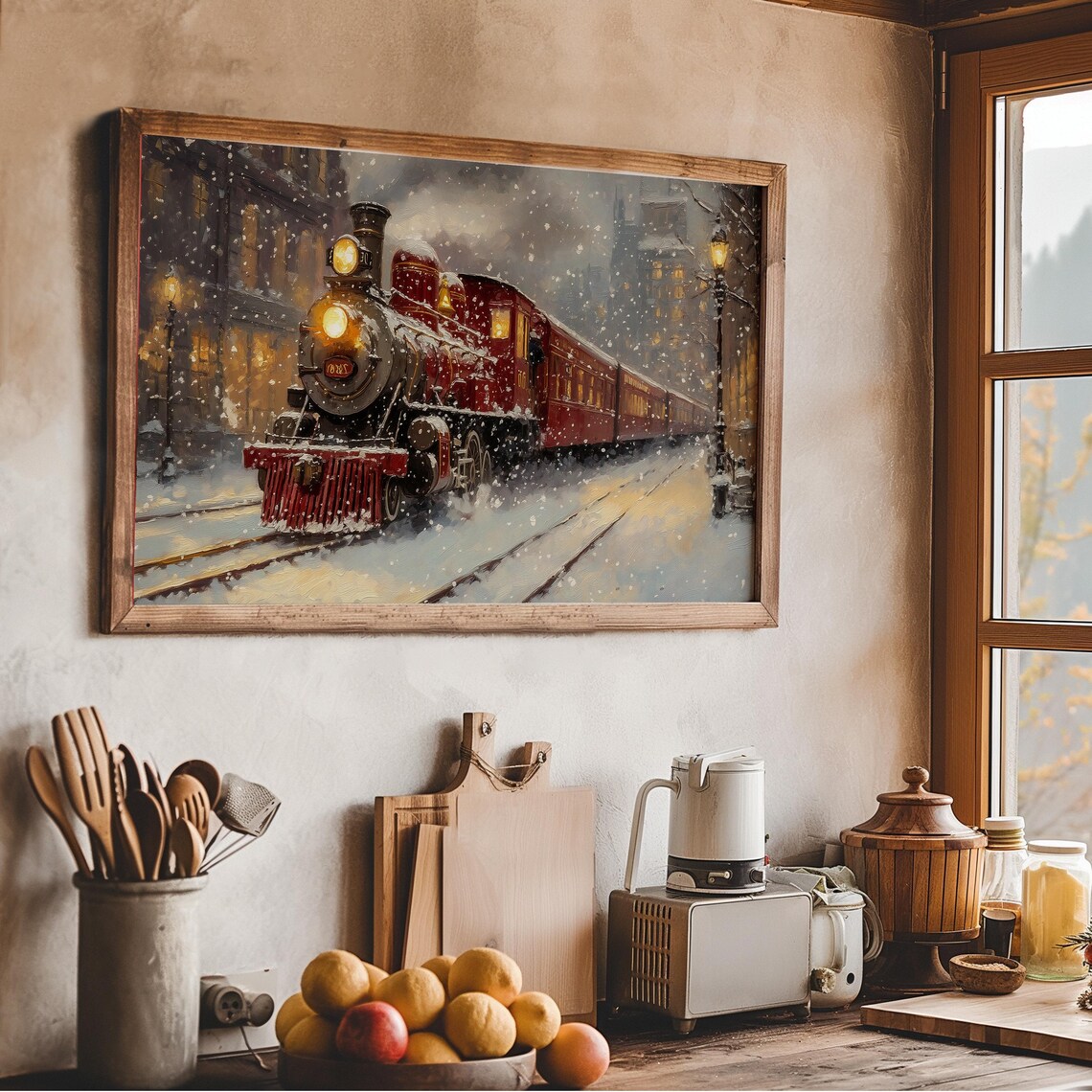 Vintage Red Locomotive Snowfall City Station Holiday Wall Art - Image 2