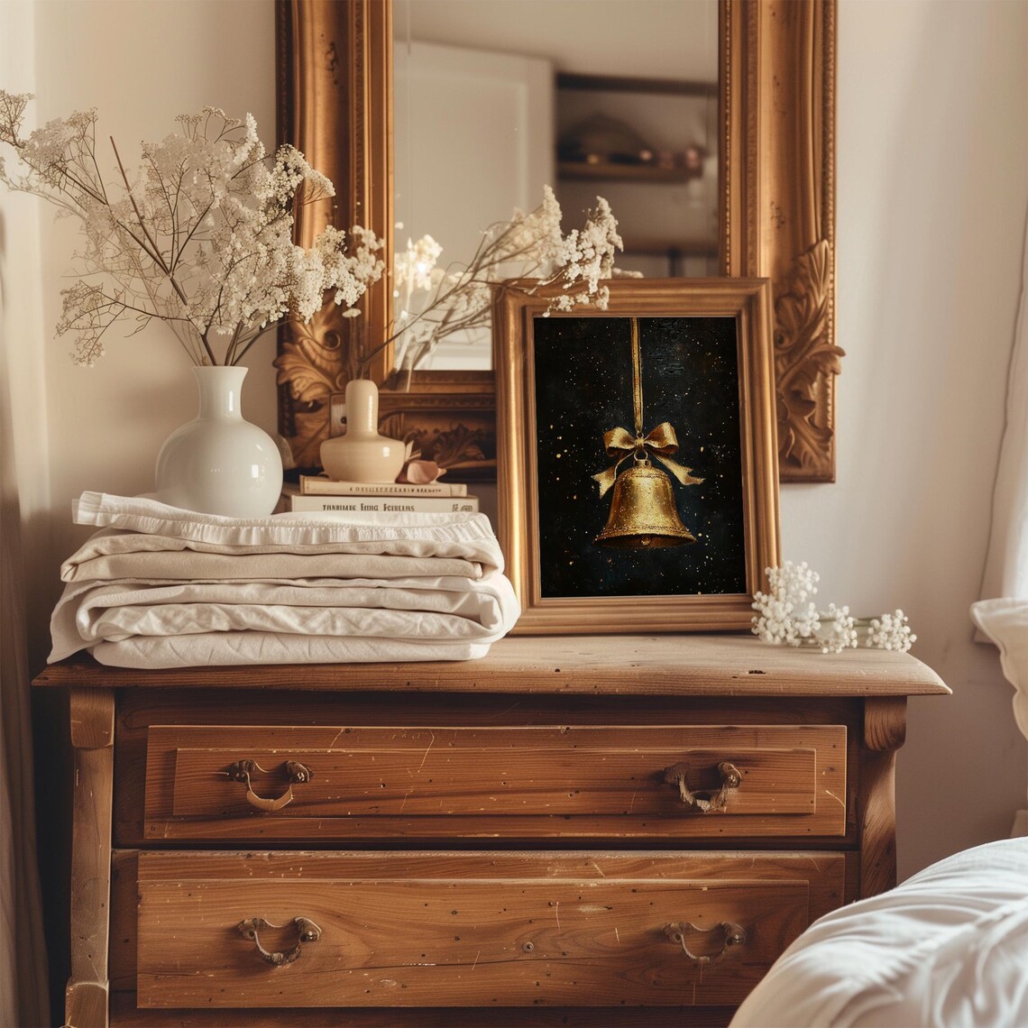 Antique Gold Christmas Bell With Bow Dark Moody Holiday Art Print - Image 3