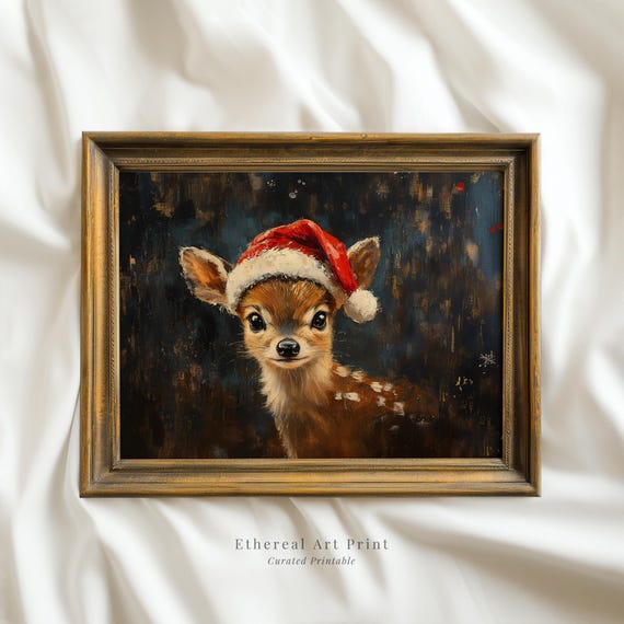 Funny Baby Deer With Santa Hat Print Christmas Wall Art Cute Deer Oil Painting Print Vintage Winter Wall Decor
