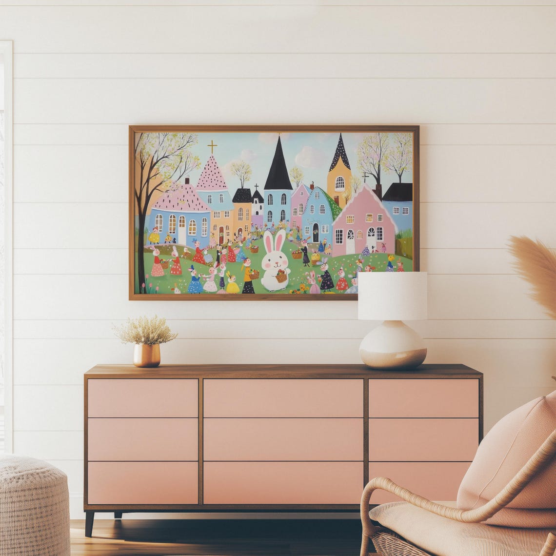 Easter Bunnies In Dresses With Baskets Pastel Village Scene Wall Art - Image 3