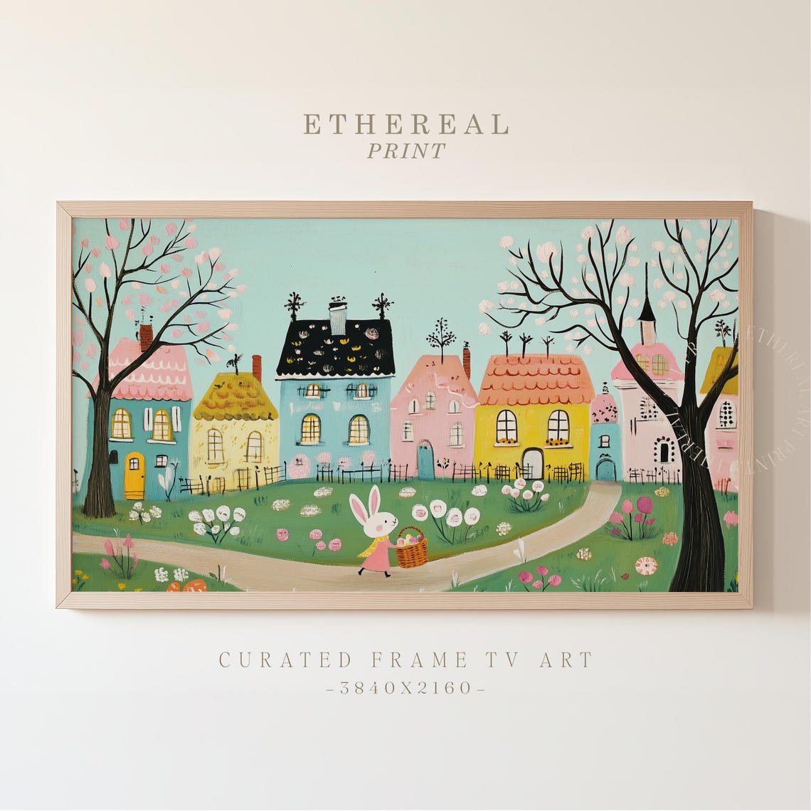 Pastel Easter Village With Picket Fences Bunny Spring Folk Print
