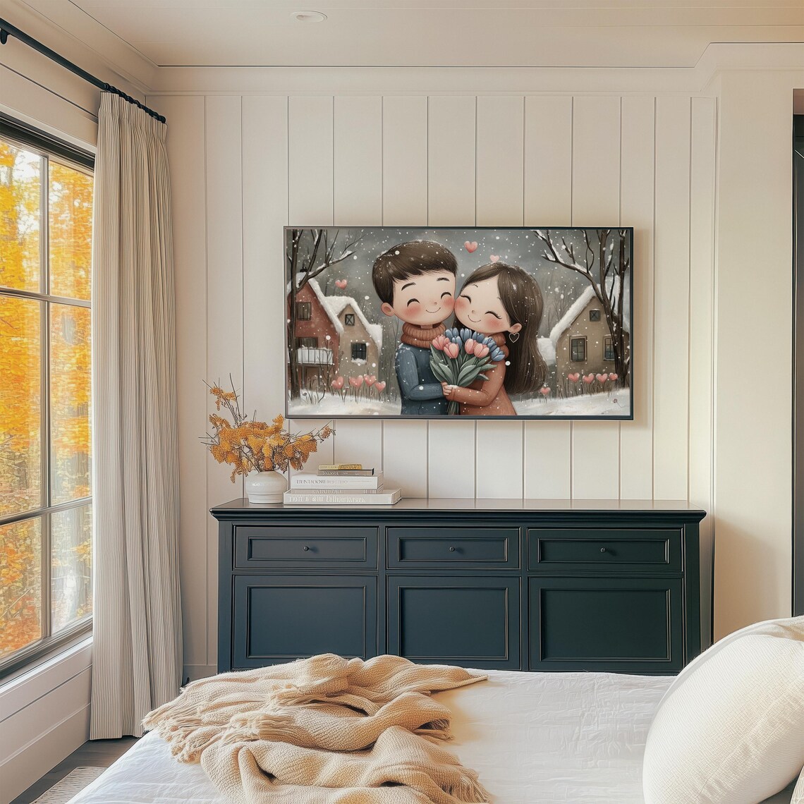 Sweet Couple Hugging In Snowy Village At Dusk Valentine Art Print - Image 4