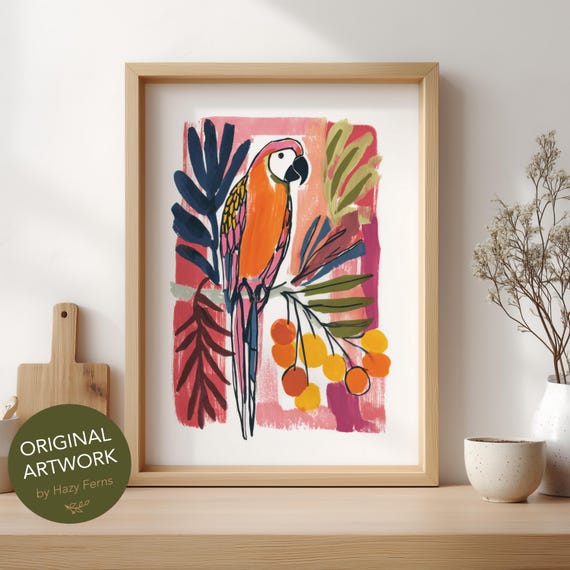 Parrot Art Print Colorful Gouache Style Tropical Bird Wall Poster 48