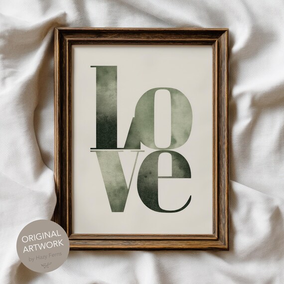 Modern Minimal Love Green Watercolor Gradient Word Typography Wall Art