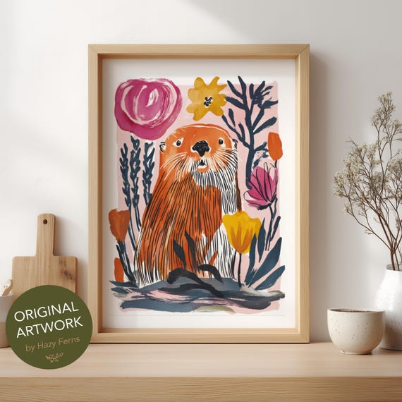 Otter Animal Print Colorful Gouache Style Abstract Wildlife Poster With Flowers 54