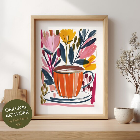 Bright Orange Teacup Floral Bouquet Gouache Kitchen Botanical Print
