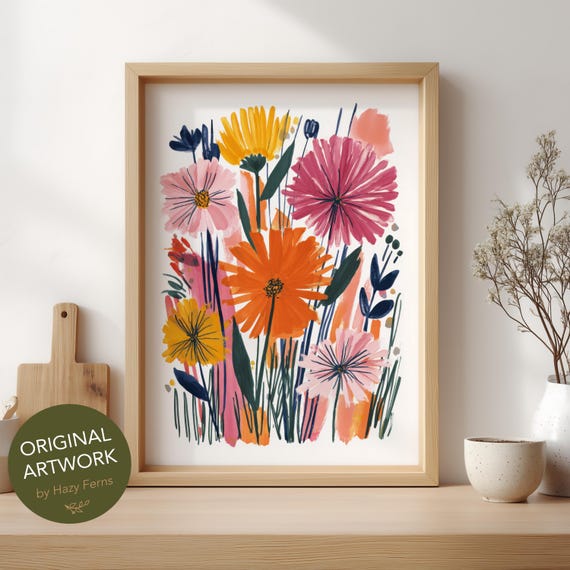 Bright Floral Art Print Colorful Gouache Style Bold Flower Poster 71