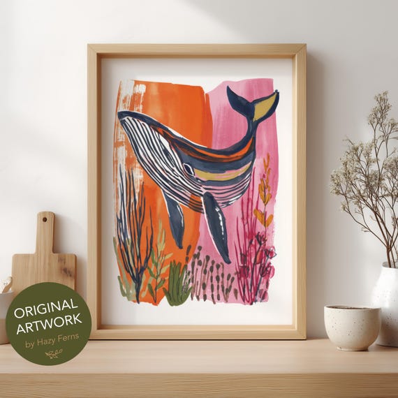 Whale Wall Art Colorful Gouache Style Abstract Ocean Poster 68