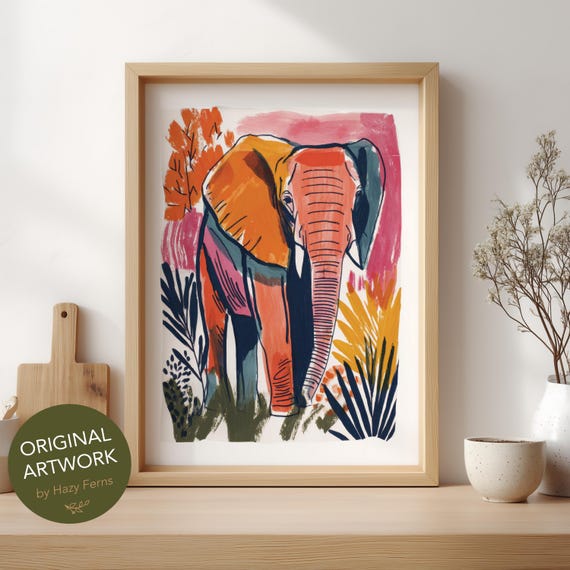 Playful Elephant Art Print Colorful Gouache Style Safari Animal Wall Poster 11
