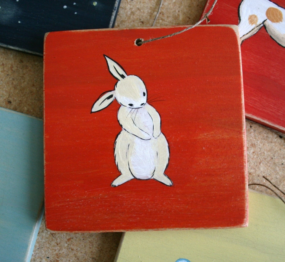 White Rabbit On Red Hanging Wooden Tag Rustic Bunny Art Poster