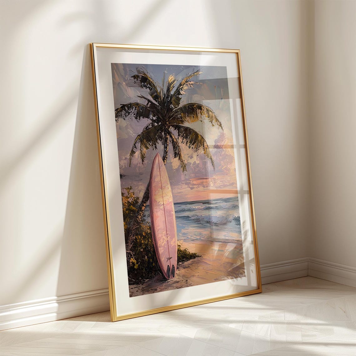 Pink Surfboard Leaning On Palm Tree Tropical Beach Sunset Art Poster