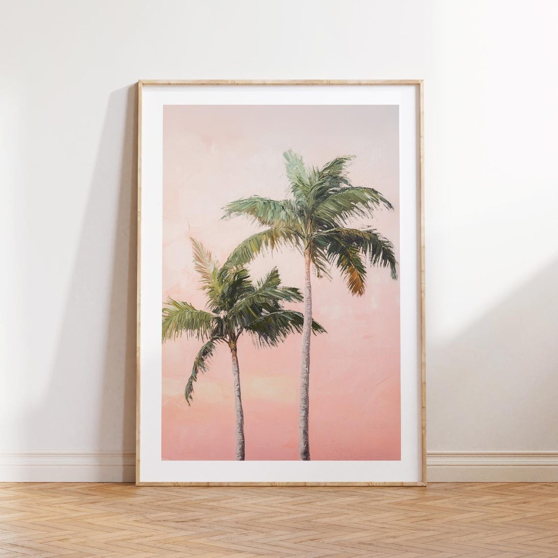 Tall Twin Palm Trees Pink Sunset Tropical Botanical Art Poster