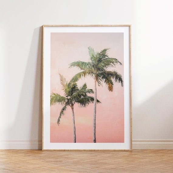 Tall Twin Palm Trees Pink Sunset Tropical Botanical Art Poster