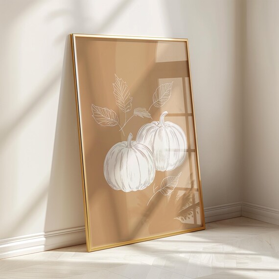 White Pumpkin Line Art Tan Background Minimalist Autumn Poster